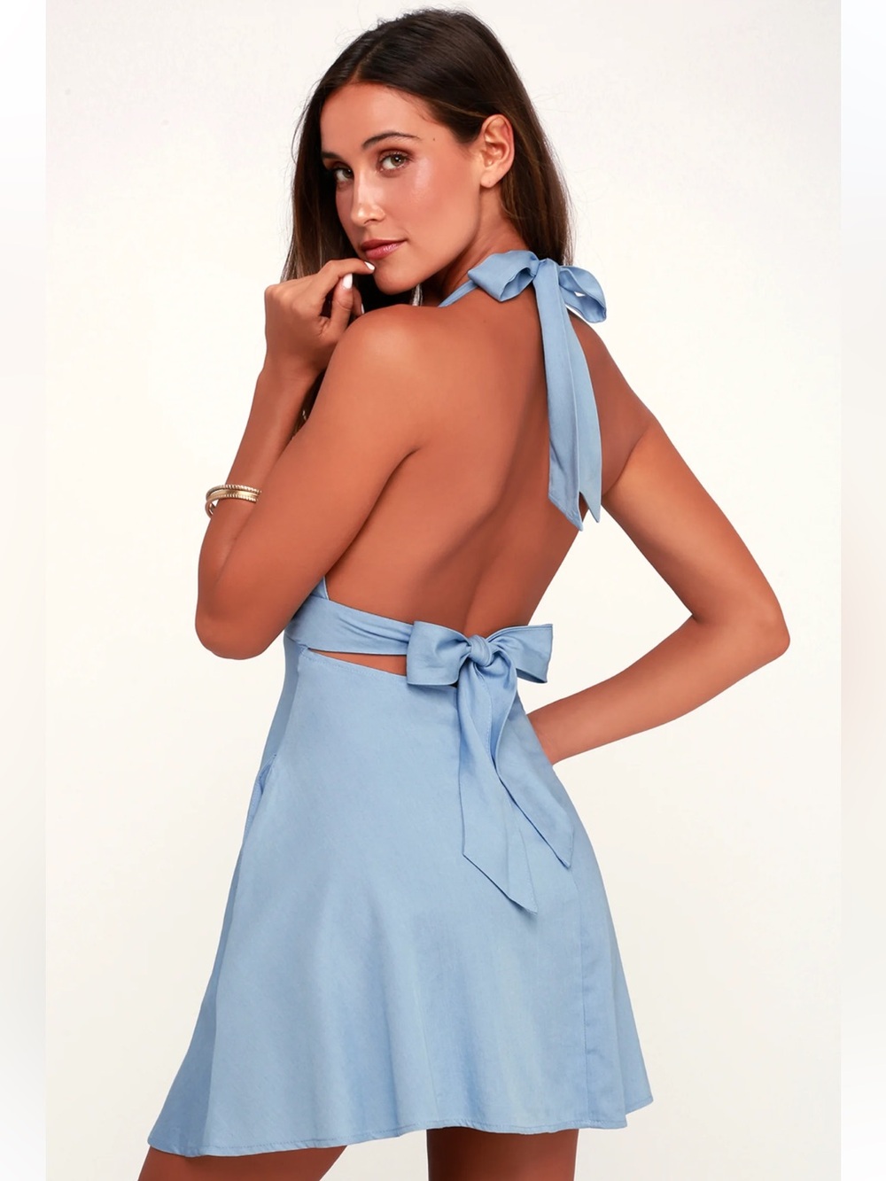 Lulu's I'm Smitten Blue Chambray Halter Dress